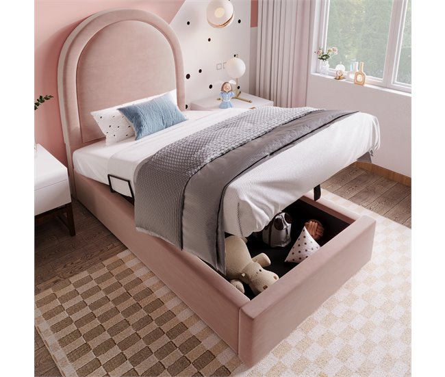 Conforama Cuna Tapizada De Terciopelo - 90x190 Cm - Con Almacenaje - Rosa