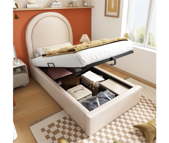 Conforama Cuna Tapizada Estampada - 90x190 Cm - Con Almacenaje - Beige