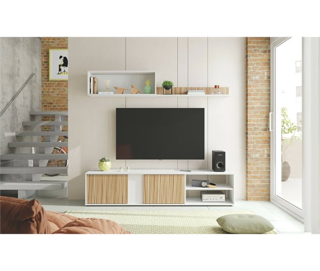 Conforama Daasmundse Mueble De Pared Mueble De Salón Con Soporte Para TV Composición Del Juego De Salón Conjunto De Salón Con Mueble De Pared 180x33h40 Cm Blanco Y Roble