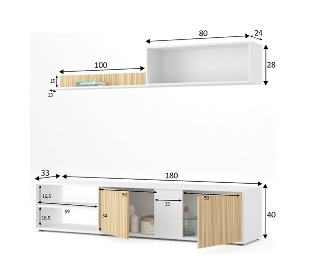 Conforama Daasmundse Mueble De Pared Mueble De Salón Con Soporte Para TV Composición Del Juego De Salón Conjunto De Salón Con Mueble De Pared 180x33h40 Cm Blanco Y Roble