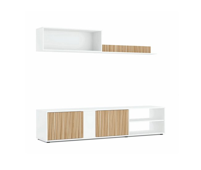 Conforama Daasmundse Mueble de pared Mueble de salón con soporte para TV Composición del juego de salón Conjunto de salón con mueble de pared 180x33h40 cm Blanco y Roble