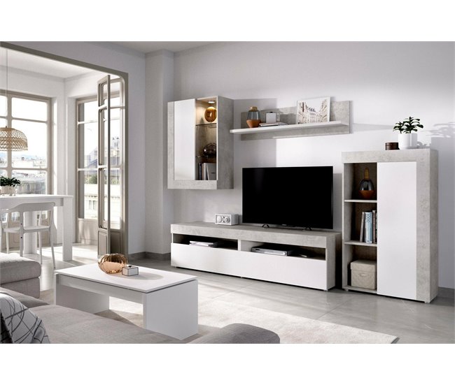 Conforama Dament Sistema De Pared Conjunto De Salón Modular Mueble De Salón Multiposición 265x42h180 Cm Blanco Y Cemento