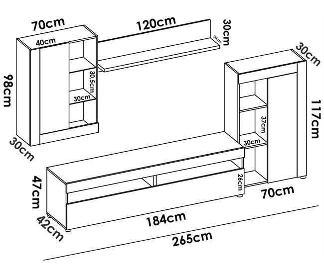 Conforama Dament Sistema De Pared Conjunto De Salón Modular Mueble De Salón Multiposición 265x42h180 Cm Blanco Y Cemento
