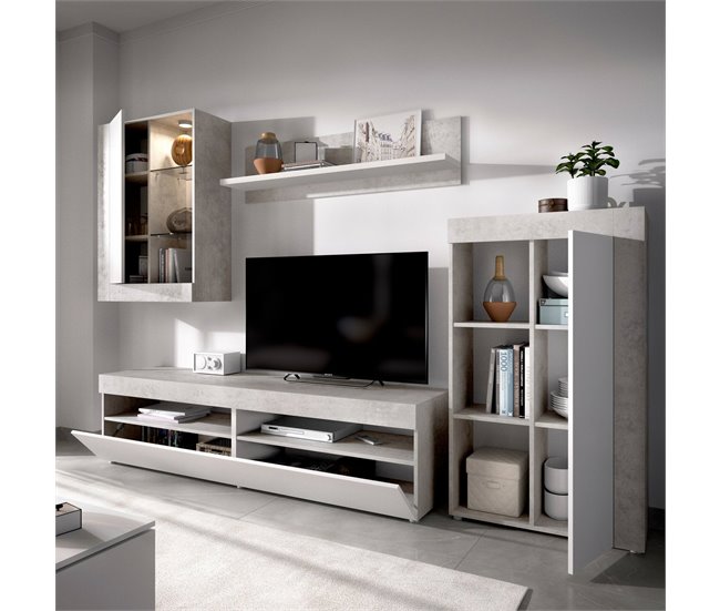 Conforama Dament Sistema De Pared Conjunto De Salón Modular Mueble De Salón Multiposición 265x42h180 Cm Blanco Y Cemento