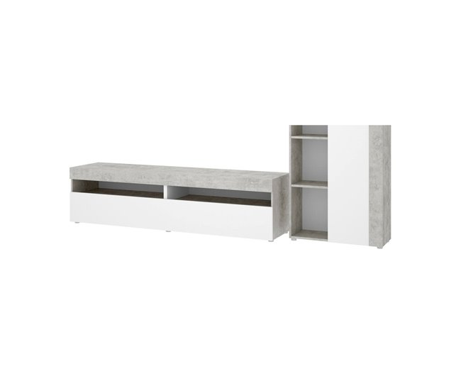 Conforama Dament Sistema de pared Conjunto de salón modular Mueble de salón multiposición 265x42h180 cm Blanco y Cemento
