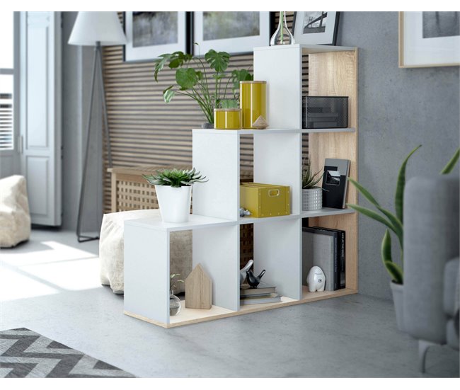 Conforama Dbarth Librería Librería De Doble Cara Con 6 Compartimentos Estante Divisorio Para Oficina 108x28h110 Cm Blanco Y Roble