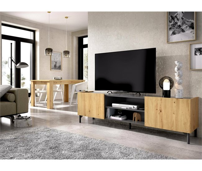 Conforama Dcod Mueble TV Aparador Bajo De Salón Aparador De Salón Para Televisión 161x35h45 Cm Roble Nudoso Y Antracita