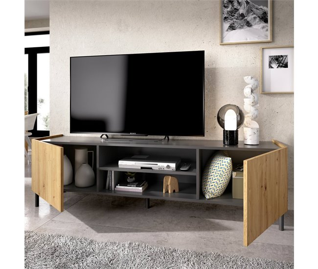Conforama Dcod Mueble TV Aparador Bajo De Salón Aparador De Salón Para Televisión 161x35h45 Cm Roble Nudoso Y Antracita