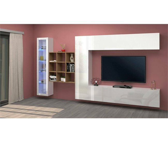 Conforama Dcolle Mueble Alto Mueble De Salón Mueble TV 4 Puertas Mueble De Salón Multiusos Con Vitrina Y Luz LED 100% Made In Italy 310x30h180 Cm Blanco Brillo Y Arce