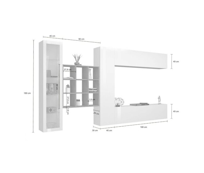 Conforama Dcolle Mueble Alto Mueble De Salón Mueble TV 4 Puertas Mueble De Salón Multiusos Con Vitrina Y Luz LED 100% Made In Italy 310x30h180 Cm Blanco Brillo Y Arce