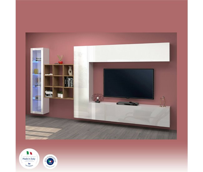 Conforama Dcolle Mueble Alto Mueble De Salón Mueble TV 4 Puertas Mueble De Salón Multiusos Con Vitrina Y Luz LED 100% Made In Italy 310x30h180 Cm Blanco Brillo Y Arce