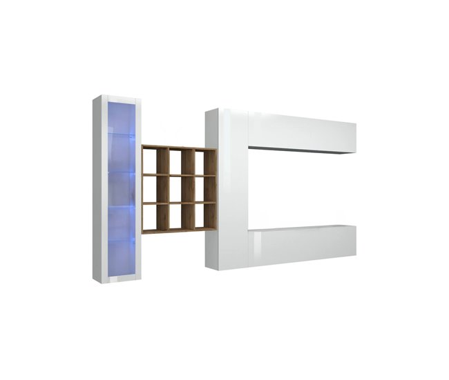 Conforama Dcolle mueble alto mueble de salón mueble TV 4 puertas Mueble de salón multiusos con vitrina y luz LED 100% Made in Italy 310x30h180 cm Blanco brillo y arce