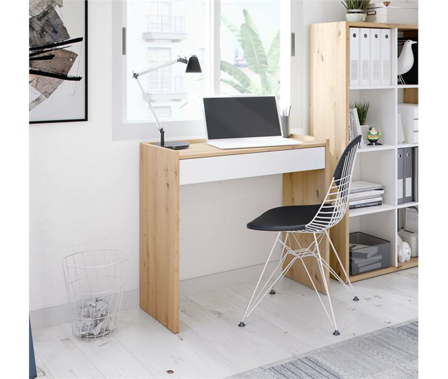 Conforama Ddepaol Escritorio Escritorio Lineal Con Cajón Mesa De Estudio U Oficina Para PC 82x40h77 Cm Roble Anudado Y Blanco