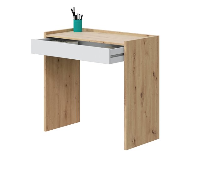 Conforama Ddepaol Escritorio Escritorio Lineal Con Cajón Mesa De Estudio U Oficina Para PC 82x40h77 Cm Roble Anudado Y Blanco