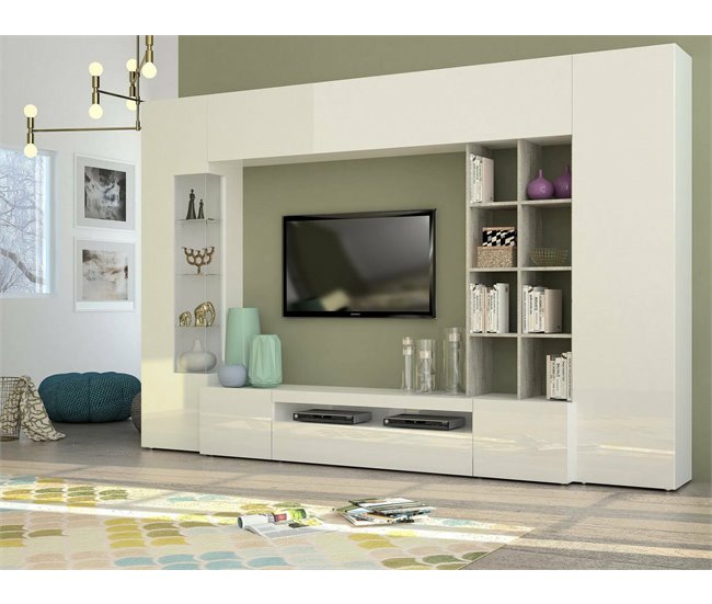 Conforama Dfazz Mueble De Pared Mueble De Salón Con Soporte Para TV Mueble De Salón Multiusos 100% Made In Italy 290x40h192 Cm Blanco Brillo Y Hormigón