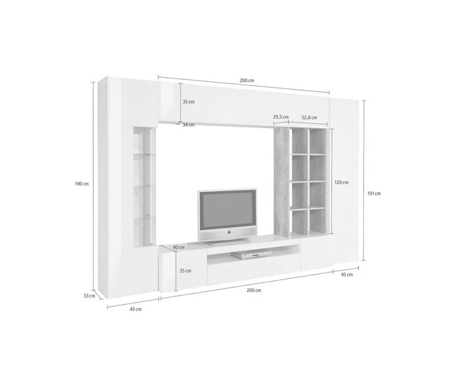 Conforama Dfazz Mueble De Pared Mueble De Salón Con Soporte Para TV Mueble De Salón Multiusos 100% Made In Italy 290x40h192 Cm Blanco Brillo Y Hormigón
