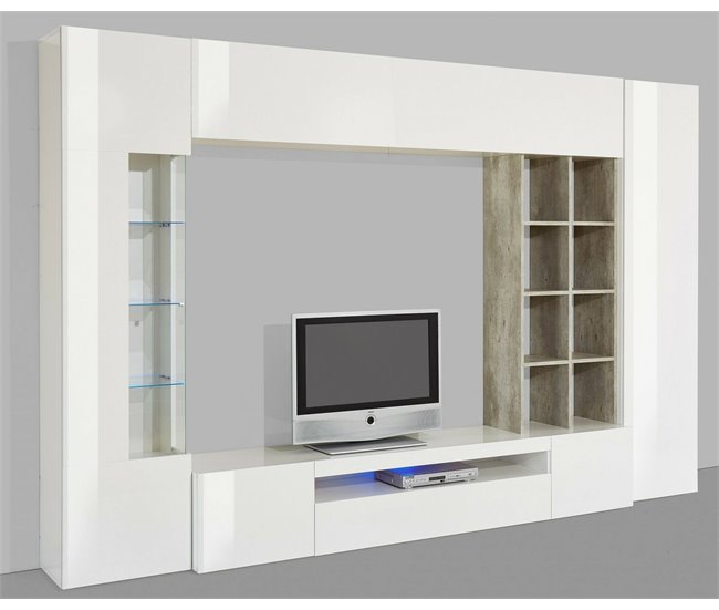 Conforama Dfazz Mueble De Pared Mueble De Salón Con Soporte Para TV Mueble De Salón Multiusos 100% Made In Italy 290x40h192 Cm Blanco Brillo Y Hormigón