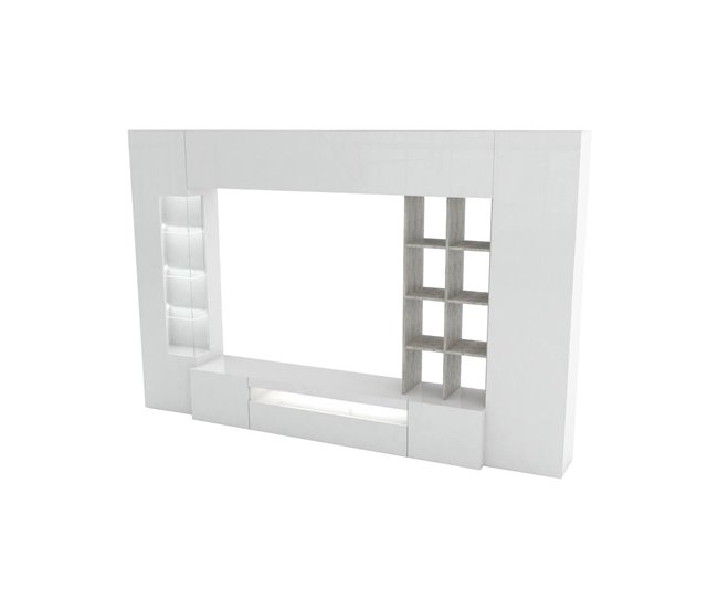 Conforama Dfazz Mueble de Pared Mueble de Salón con Soporte para TV Mueble de Salón Multiusos 100% Made in Italy 290x40h192 cm Blanco Brillo y hormigón