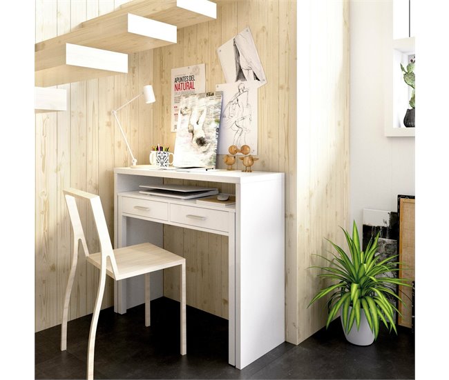 Conforama Dghelle Escritorio Escritorio Multiposición Con Tapa Extraíble Consola De Estudio Lineal Con 2 Cajones 99x70h88 Cm Blanco