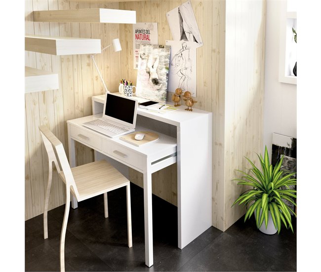 Conforama Dghelle Escritorio Escritorio Multiposición Con Tapa Extraíble Consola De Estudio Lineal Con 2 Cajones 99x70h88 Cm Blanco