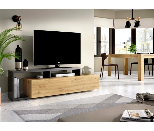 Conforama Dgodign Mueble TV Aparador Bajo De Salón Aparador De Salón Para Televisión 165x40h47 Cm Roble Nodi Y Antracita