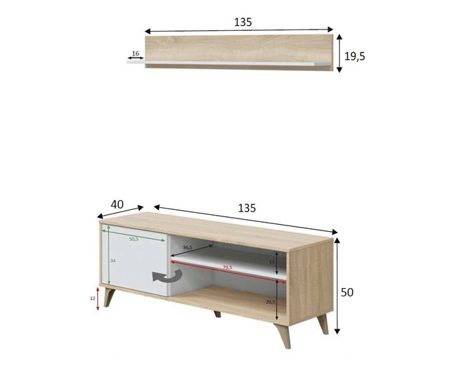 Conforama Dhuijse TV Stand Aparador Para Salón Televisión Con 1 Puerta Salón TV Stand Aparador De Diseño 135x40h50 Cm Roble