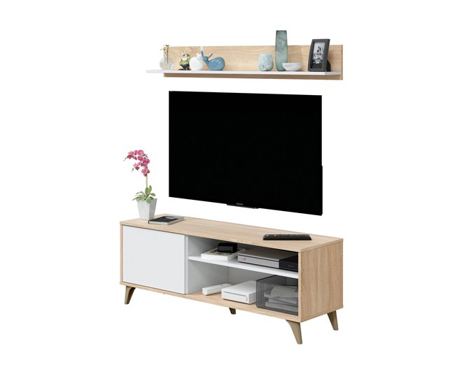 Conforama Dhuijse TV Stand Aparador Para Salón Televisión Con 1 Puerta Salón TV Stand Aparador De Diseño 135x40h50 Cm Roble