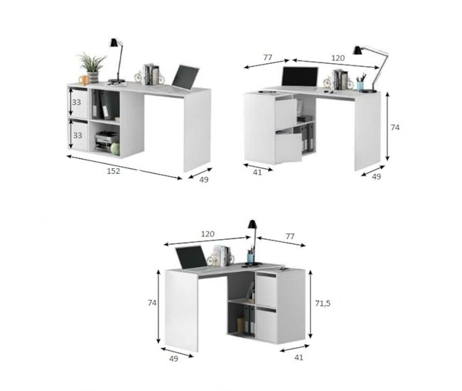 Conforama Divkovi Escritorio Escritorio Modular Multifunción Con Estante Mesa De Estudio U Oficina Multiposición Con Montaje En Esquina 152x49h74 Cm Blanco