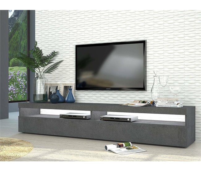 Conforama Dkraj Mueble TV Aparador Bajo De Salón Con 2 Puertas Base Para Mueble TV 100% Made In Italy 200x45h36 Cm Pizarra Con Luz LED