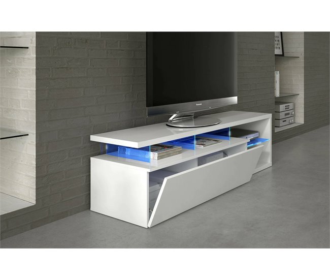 Conforama Dlupert Mueble TV Buffet De Salón Aparador Para Televisión De Salón Con 1 Puerta Mueble TV Con Luz LED 150x41h50 Cm Blanco Brillo