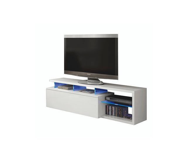 Conforama Dlupert Mueble TV Buffet De Salón Aparador Para Televisión De Salón Con 1 Puerta Mueble TV Con Luz LED 150x41h50 Cm Blanco Brillo