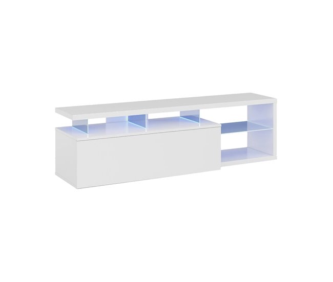 Conforama Dlupert Mueble TV Buffet de salón Aparador para televisión de salón con 1 puerta Mueble TV con luz LED 150x41h50 cm Blanco brillo
