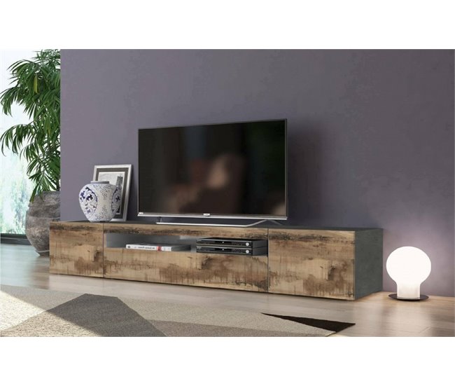 Conforama Dmarso Mueble TV Aparador Bajo De Salón Con 3 Puertas Base Para Mueble TV 100% Made In Italy 200x40h37 Cm Pizarra Y Arce Con Luz LED