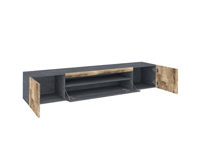 Conforama Dmarso Mueble TV Aparador Bajo De Salón Con 3 Puertas Base Para Mueble TV 100% Made In Italy 200x40h37 Cm Pizarra Y Arce Con Luz LED