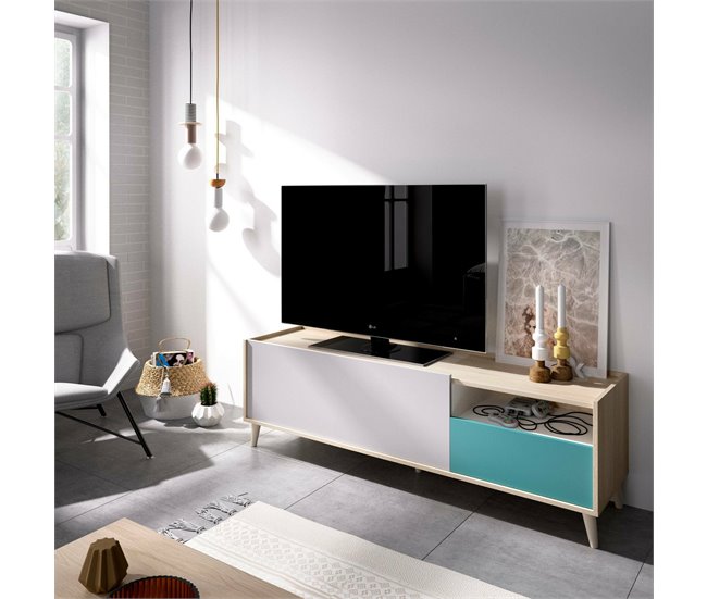 Conforama Dmill Mueble TV Aparador Bajo De Salón Aparador De Salón Para Televisión 155x43h47 Cm Roble Y Blanco