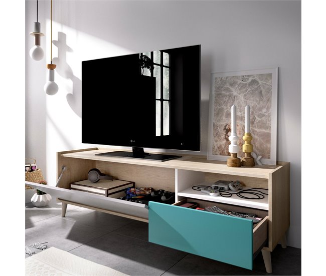 Conforama Dmill Mueble TV Aparador Bajo De Salón Aparador De Salón Para Televisión 155x43h47 Cm Roble Y Blanco