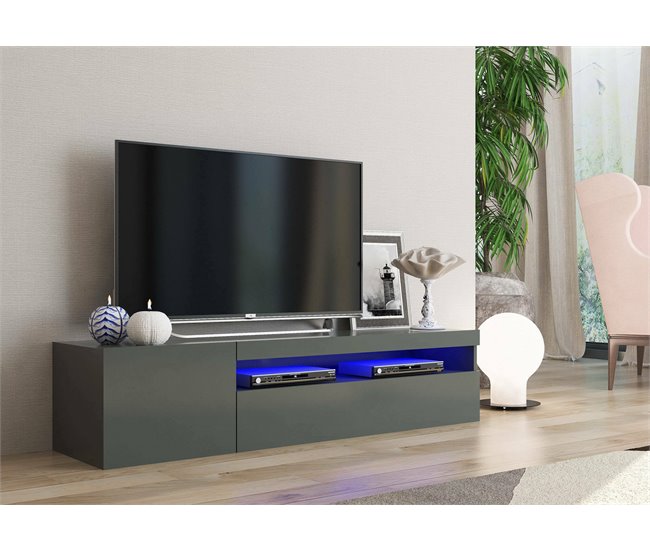 Conforama Dmontu Mueble TV Aparador Bajo De Salón Base Para Mueble Para Televisión 100% Made In Italy 150x40h37 Cm Antracita Brillo Con Luz LED
