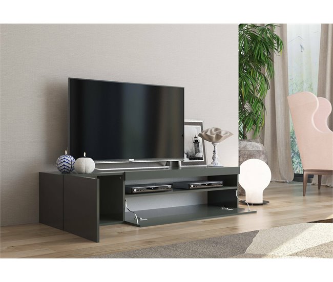 Conforama Dmontu Mueble TV Aparador Bajo De Salón Base Para Mueble Para Televisión 100% Made In Italy 150x40h37 Cm Antracita Brillo Con Luz LED