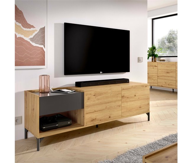 Conforama Dpandu Mueble TV Aparador Bajo De Salón Aparador De Salón Para Televisión 164x39h49 Cm Roble Nudoso Y Antracita