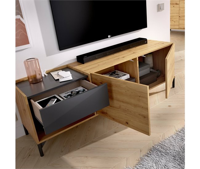 Conforama Dpandu Mueble TV Aparador Bajo De Salón Aparador De Salón Para Televisión 164x39h49 Cm Roble Nudoso Y Antracita