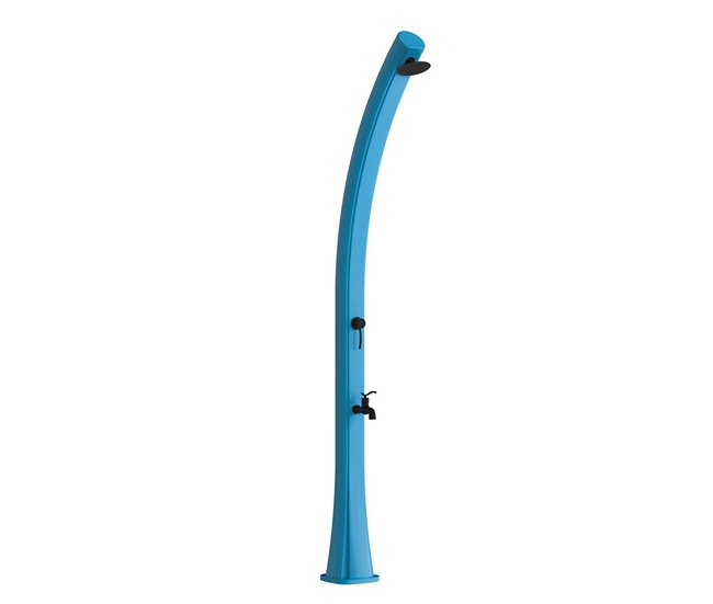 Conforama Ducha azul con calefacción solar modelo Rio. Estructura curva de polietileno HD ideal para jardín piscina y actividades al aire libre. Altura 226 cm Ducha redonda diámetro 15 cm Depósito 22 litros con lavapiés Acc
