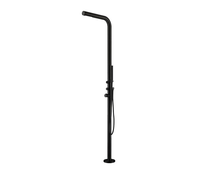Conforama Ducha de jardín Sined Budoni Nera Ducha con mezclador y teleducha Cuerpo y accesorios en acero inoxidable AISI 316L negro mate Diámetro del cuerpo 6 cm Ducha para uso interior y exterior con entrada de agua caliente