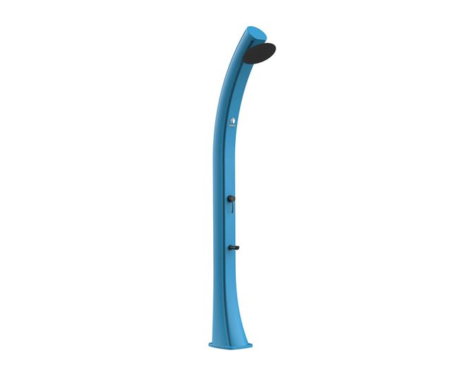 Conforama Ducha solar AZUL con estructura curvada en polietileno HD para jardín y piscina Altura 226 6 cm Ducha redonda diámetro 20 cm Depósito 40 Litros Grifo lavapiés Accesorios en metal negro. Filtro anticalcáreo y funda