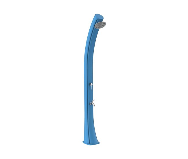 Conforama Ducha solar azul modelo Rio XXL. Estructura curvada de polietileno HD ideal para jardín piscina y actividades al aire libre. Altura 226 cm Ducha redonda diámetro 15 cm Depósito 40 litros con lavapies Accesorios y gr