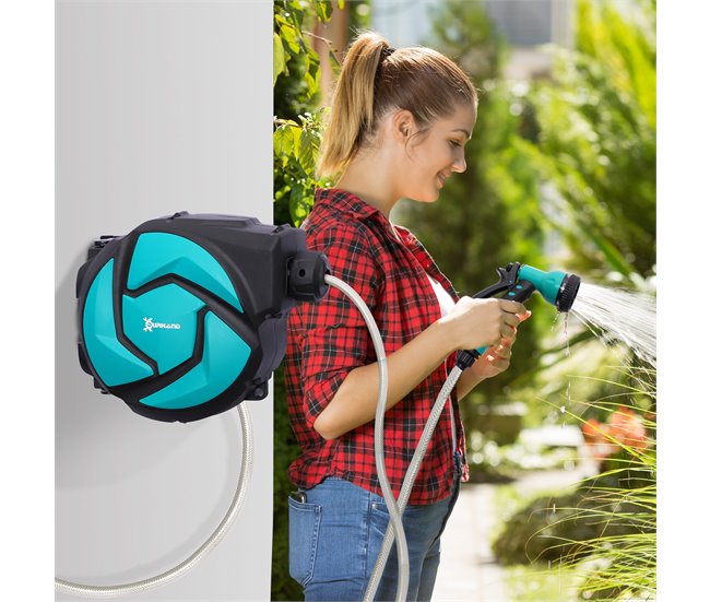 Conforama DURHAND Carrete Para Manguera Retráctil 10m Con 7 Modos De Riego Sistema De Enrollado Automático Con Bloqueo Conector De 1m Para Jardín Césped 28x14x34 Cm Negro Y Verde