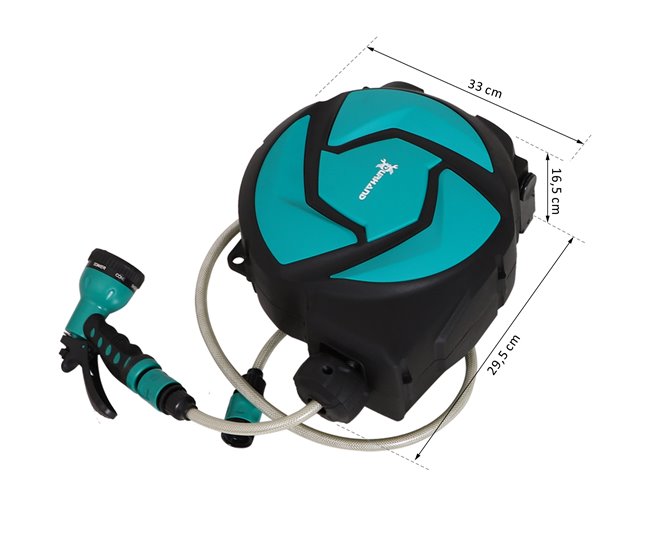 Conforama DURHAND Carrete Para Manguera Retráctil 10m Con 7 Modos De Riego Sistema De Enrollado Automático Con Bloqueo Conector De 1m Para Jardín Césped 28x14x34 Cm Negro Y Verde