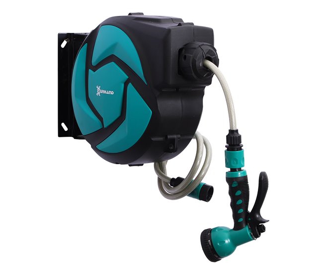 Conforama DURHAND Carrete para Manguera Retráctil 10m con 7 Modos de Riego Sistema de Enrollado Automático con Bloqueo Conector de 1m para Jardín Césped 28x14x34 cm Negro y Verde