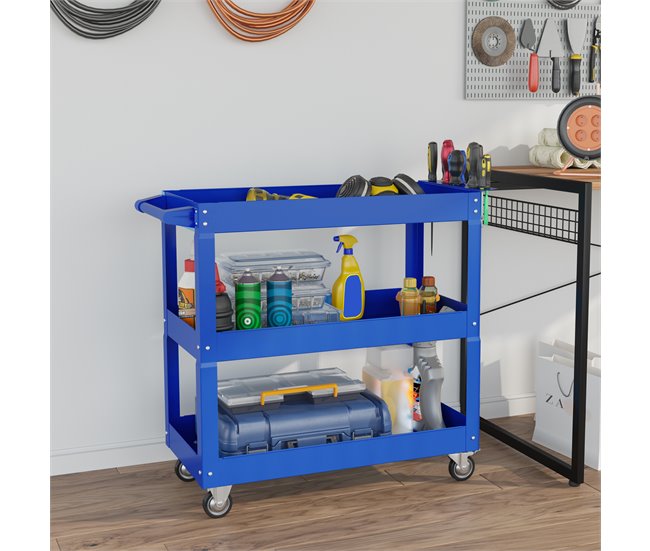 Conforama DURHAND Carro De Herramientas Con Ruedas Carro De Taller De Acero Con 3 Estantes De Almacenamiento Y Asa Lateral Para Garaje Mecánico Hogar Carga 150 Kg 83x35 3x76 Cm Azul