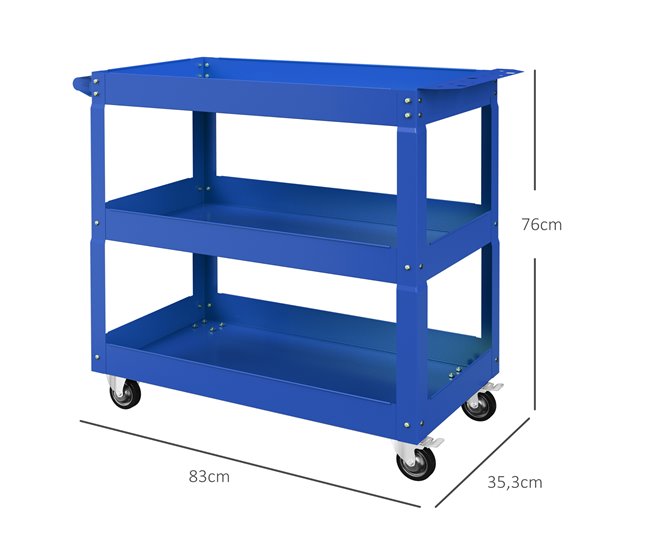 Conforama DURHAND Carro De Herramientas Con Ruedas Carro De Taller De Acero Con 3 Estantes De Almacenamiento Y Asa Lateral Para Garaje Mecánico Hogar Carga 150 Kg 83x35 3x76 Cm Azul