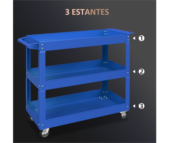 Conforama DURHAND Carro De Herramientas Con Ruedas Carro De Taller De Acero Con 3 Estantes De Almacenamiento Y Asa Lateral Para Garaje Mecánico Hogar Carga 150 Kg 83x35 3x76 Cm Azul